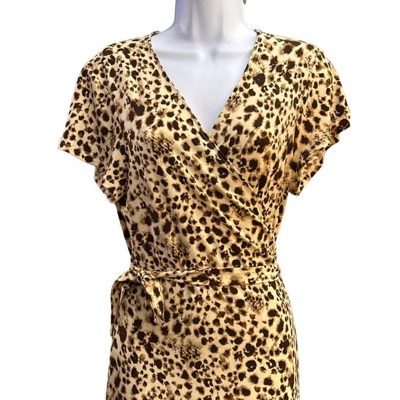 H by Halston Women's Leopard Print Wrap Dress Size Medium Asymmetrical Hem Cream - Picture 3 of 5